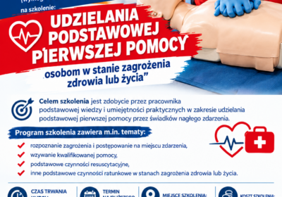 Szkolenie udzielania podstawowej pierwszej pomocy osobom w stanie zagrożenia zdrowia lub życia.